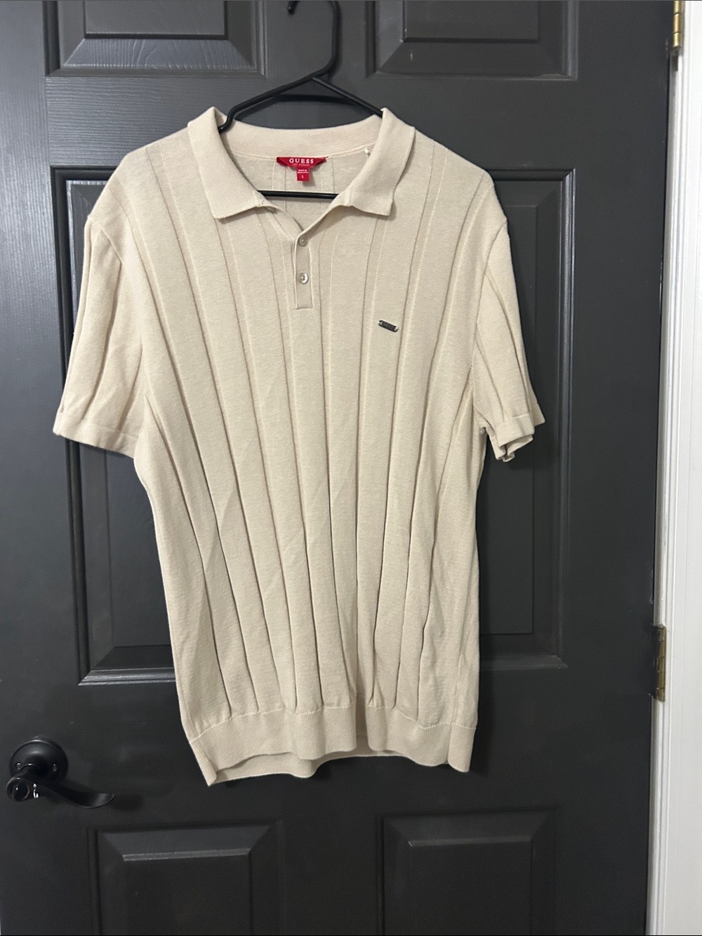 Guess Men's Light Beige Ribbed Short-Sleeve Polo